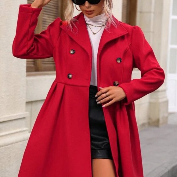 Red Double Breasted Belted Overcoat - Picture 3 of 5